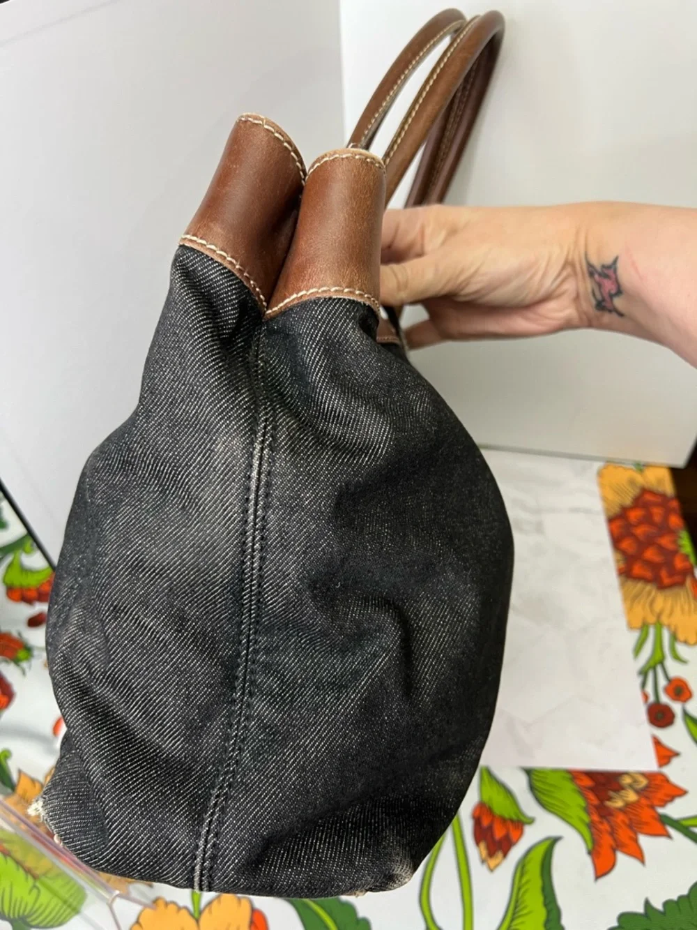 CHANEL Black Denim Tote with Brown Leather Trim and Gold CC Turnlock Accent - Picture 4 of 11